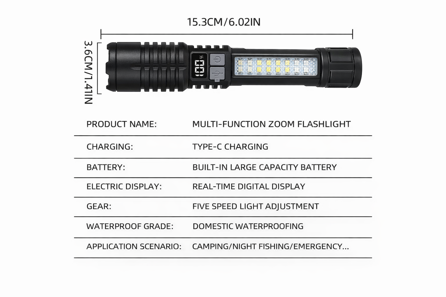 Rechargeable Camping Torch with Zoom & COB Side Light (USB-C)