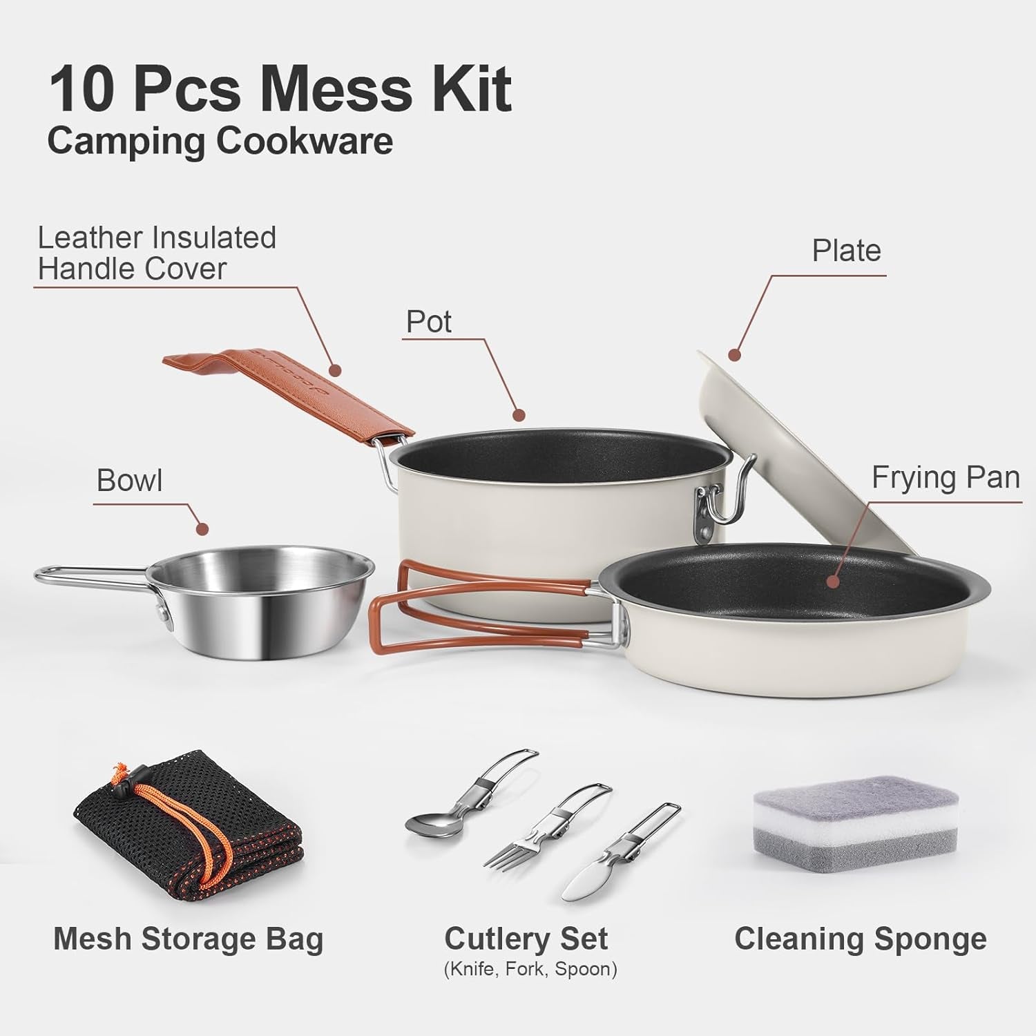 Camping Cookware Set (10-Piece) - Non-Stick Pot & Pan Kit with Cultery + Carry Bag